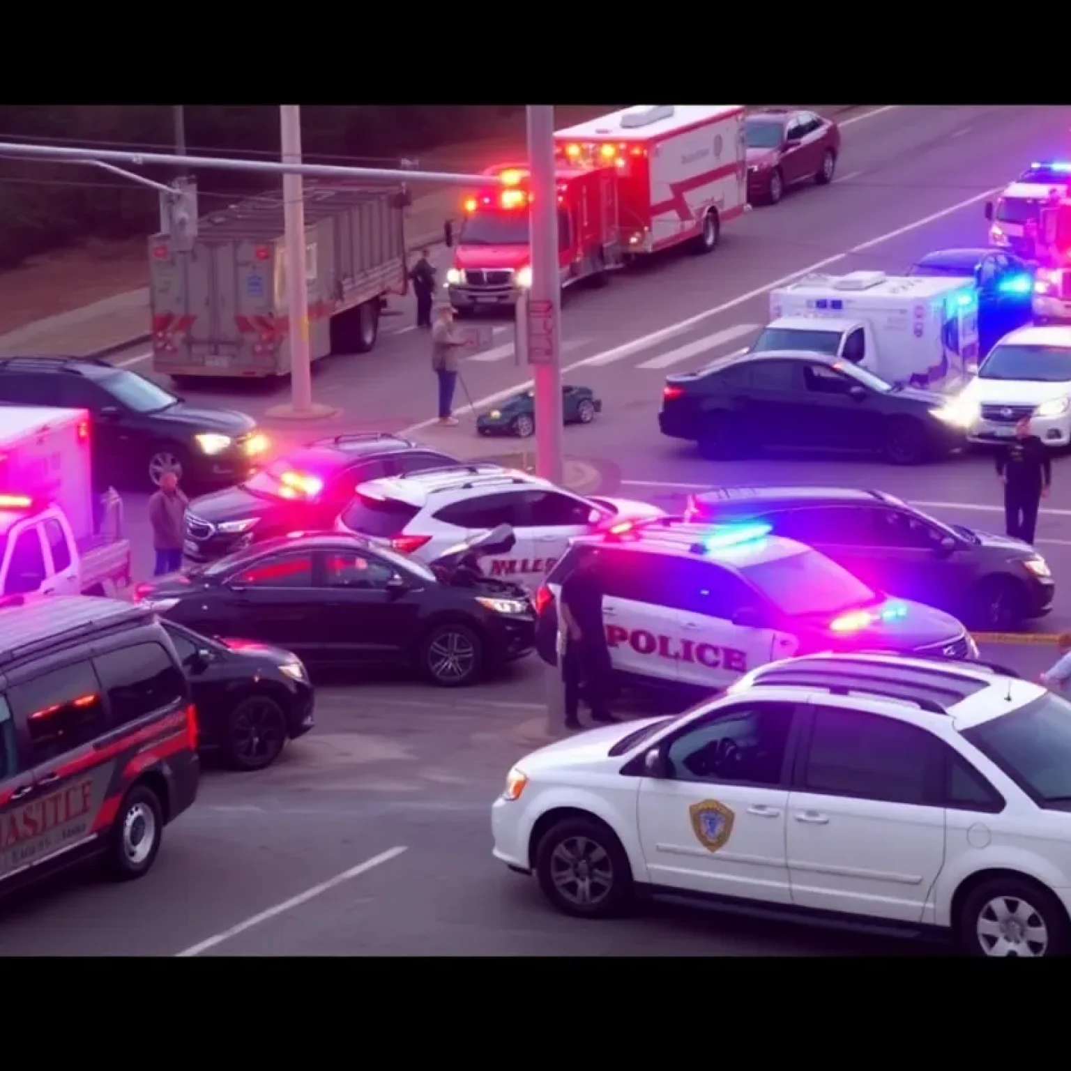 Scene of a multi-vehicle crash in Chattanooga with police and emergency response.