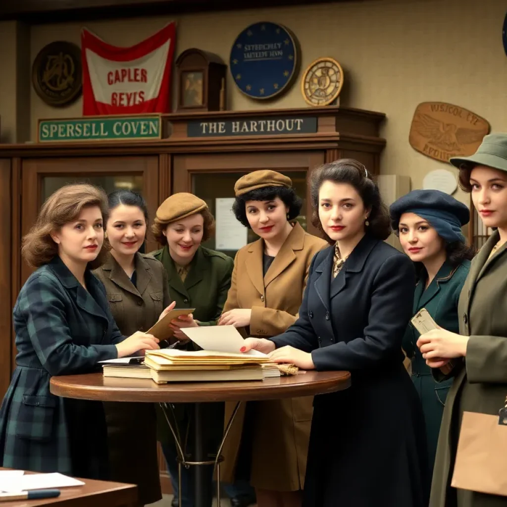 Women from the 6888th Battalion processing mail in a historical reenactment.