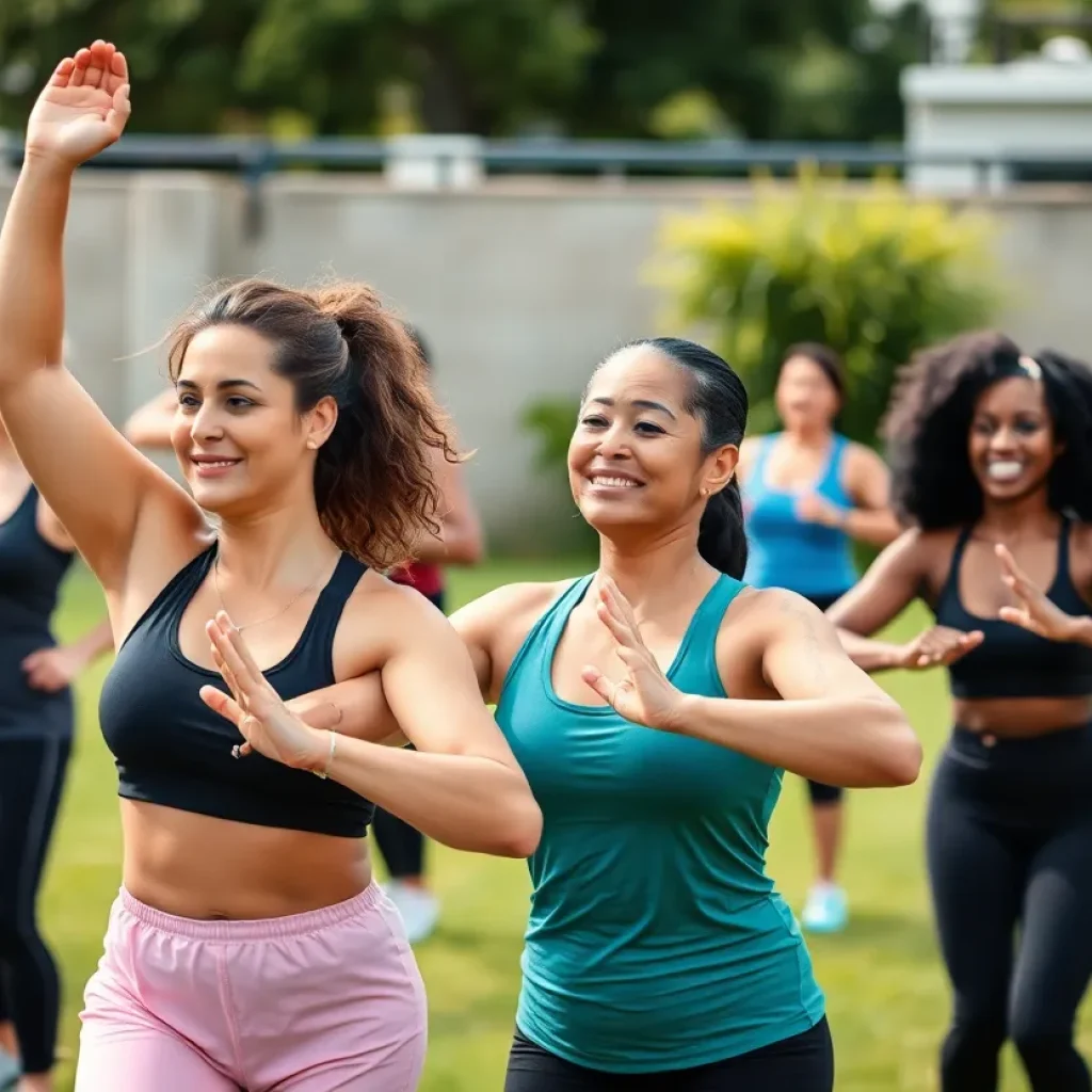 Women engaged in a group fitness class outdoors in Chattanooga.