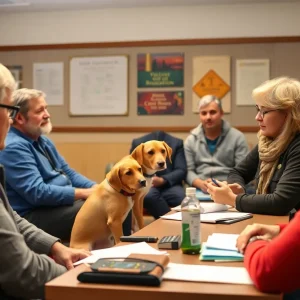 Community members discussing funding for Humane Education Society.