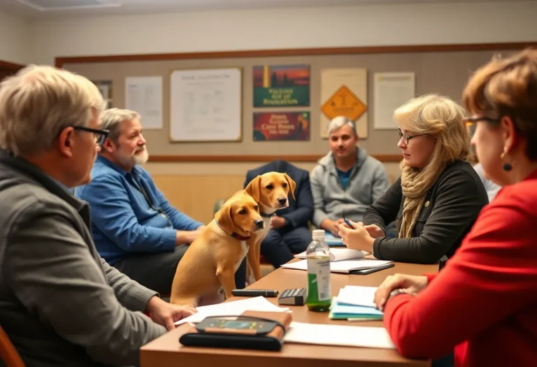 Community members discussing funding for Humane Education Society.