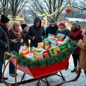 Neighbors contributing to the holiday food drive with a decorated sled.