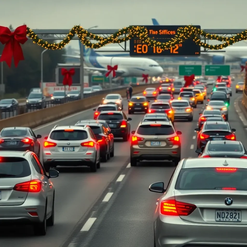 A crowded highway and busy airport depicting holiday travel chaos.