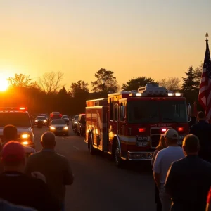 Memorial procession for Captain George Turley with fire trucks and community members