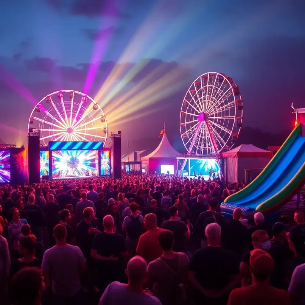 Crowd enjoying the Bonnaroo 2024 Festival with stages and attractions