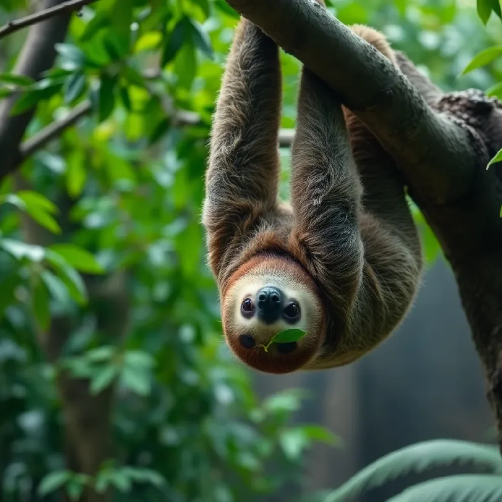 Two-toed sloth hanging from a branch at the Chattanooga Zoo.