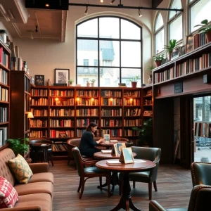 Interior of The Reading Room book bar with books and seating