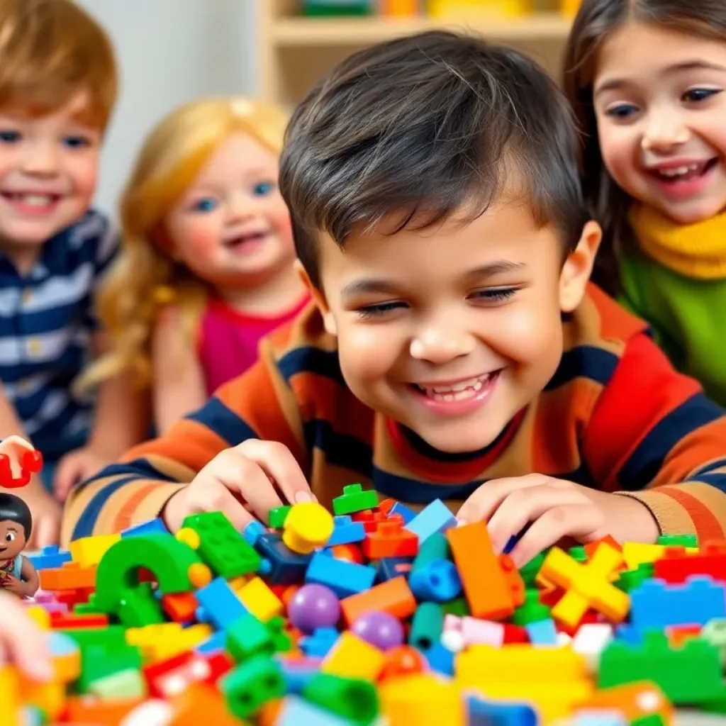 Young boy with LEGO pieces emphasizing joy and kindness