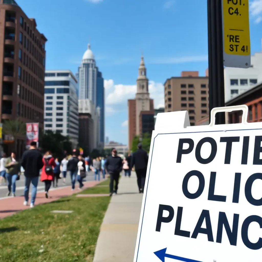 Polling place sign in Chattanooga city with skyline