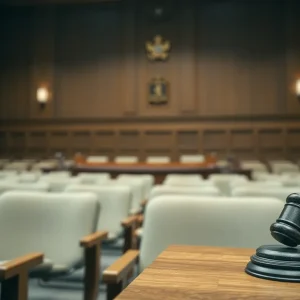 Somber courtroom setting with empty chairs and gavel