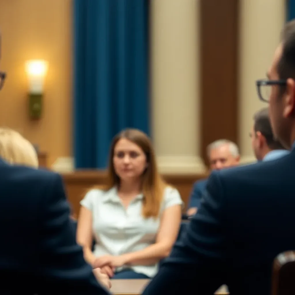 An empty courtroom set up for a murder trial