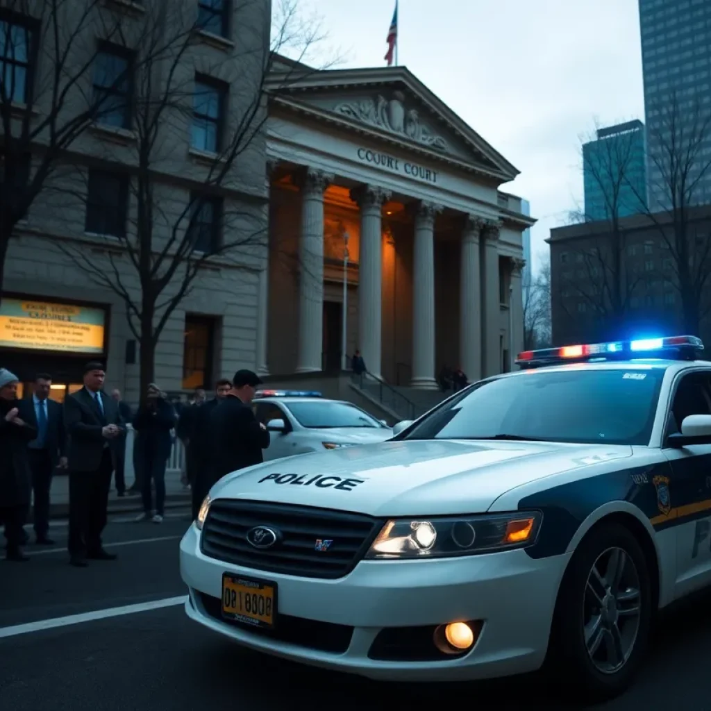 Police car in front of courthouse amid concerned citizens in Chattanooga