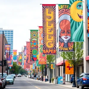 Colorful banners designed by local artists in downtown Chattanooga.