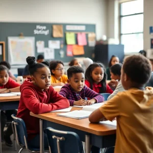 Students in a lively classroom setting, emphasizing education and opportunity.