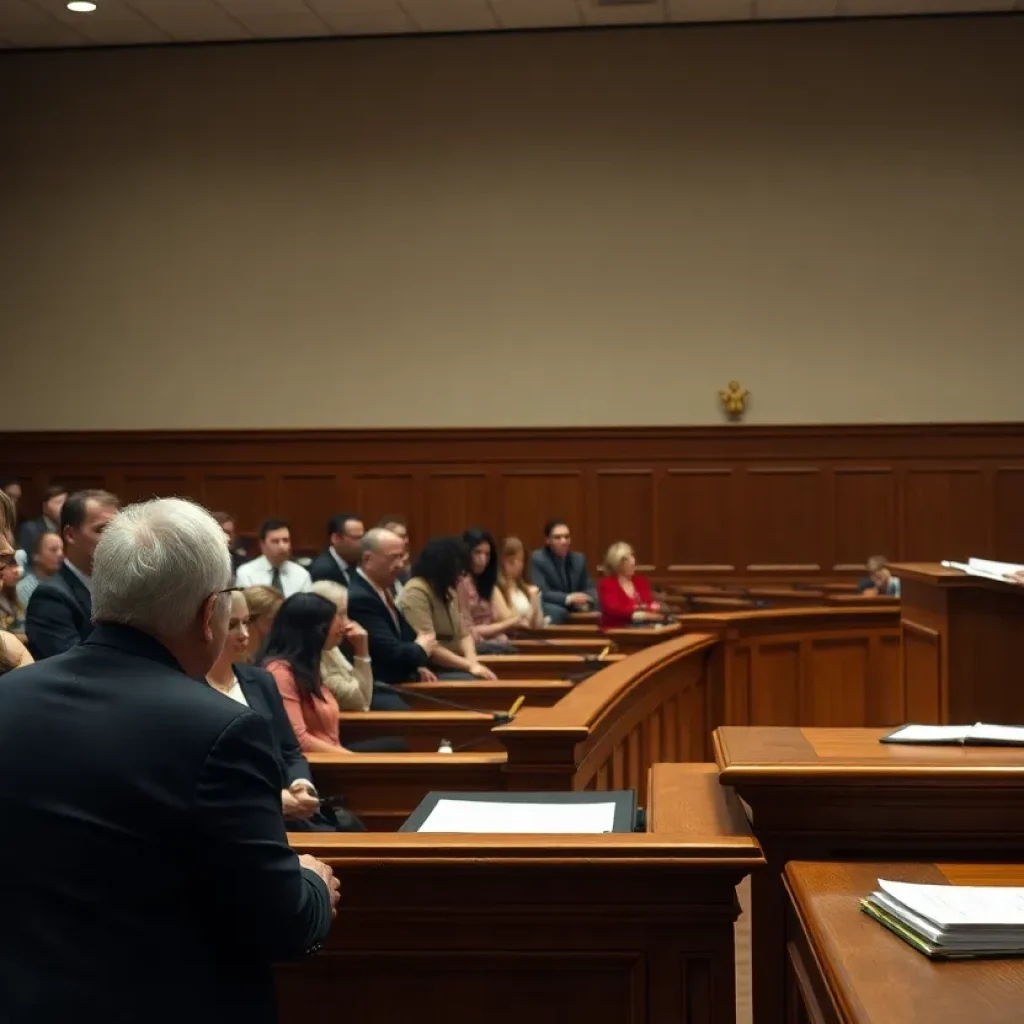 Courtroom scene during the Chattanooga murder trial with jurors and witness stand.