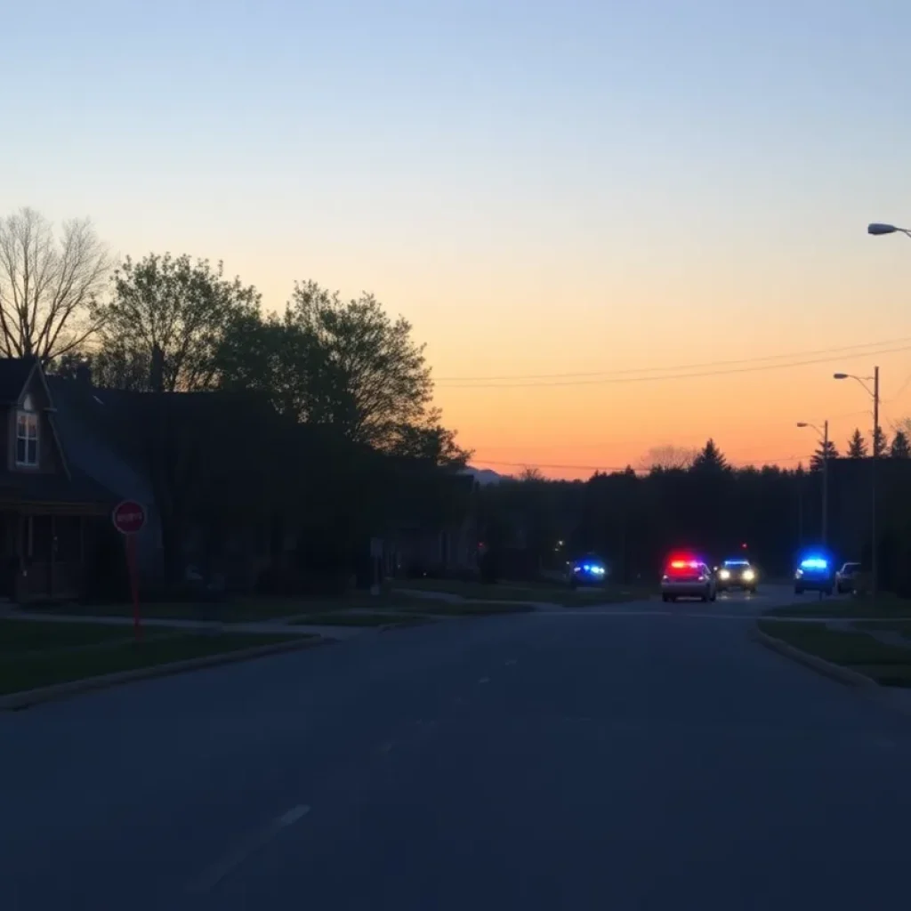 Peaceful Chattanooga neighborhood at dawn with police lights.