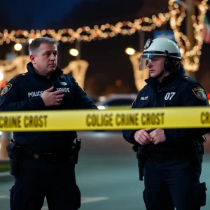 Chattanooga police officers at a crime scene decorated with holiday lights