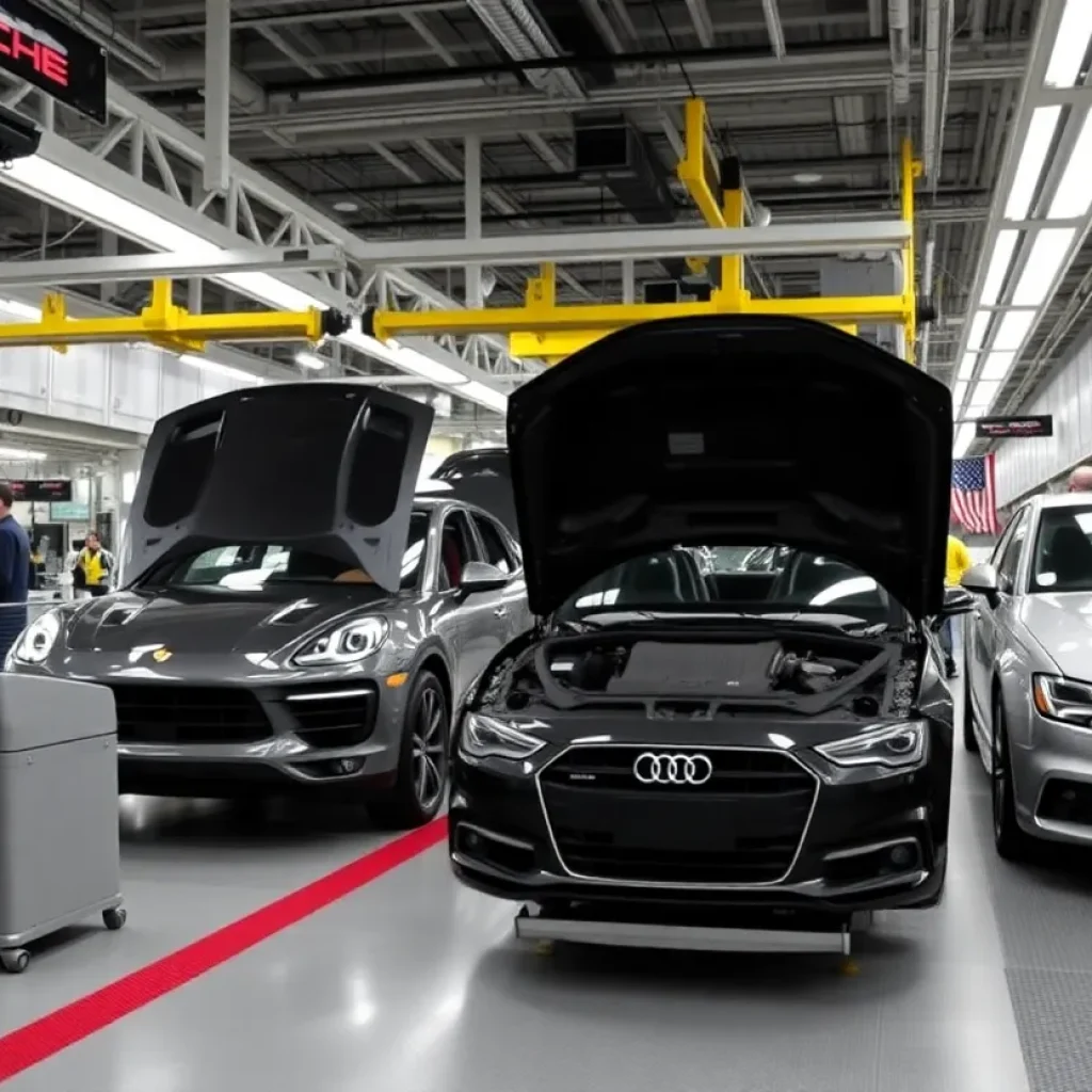 Porsche and Audi vehicles being assembled in Chattanooga's automotive plant.