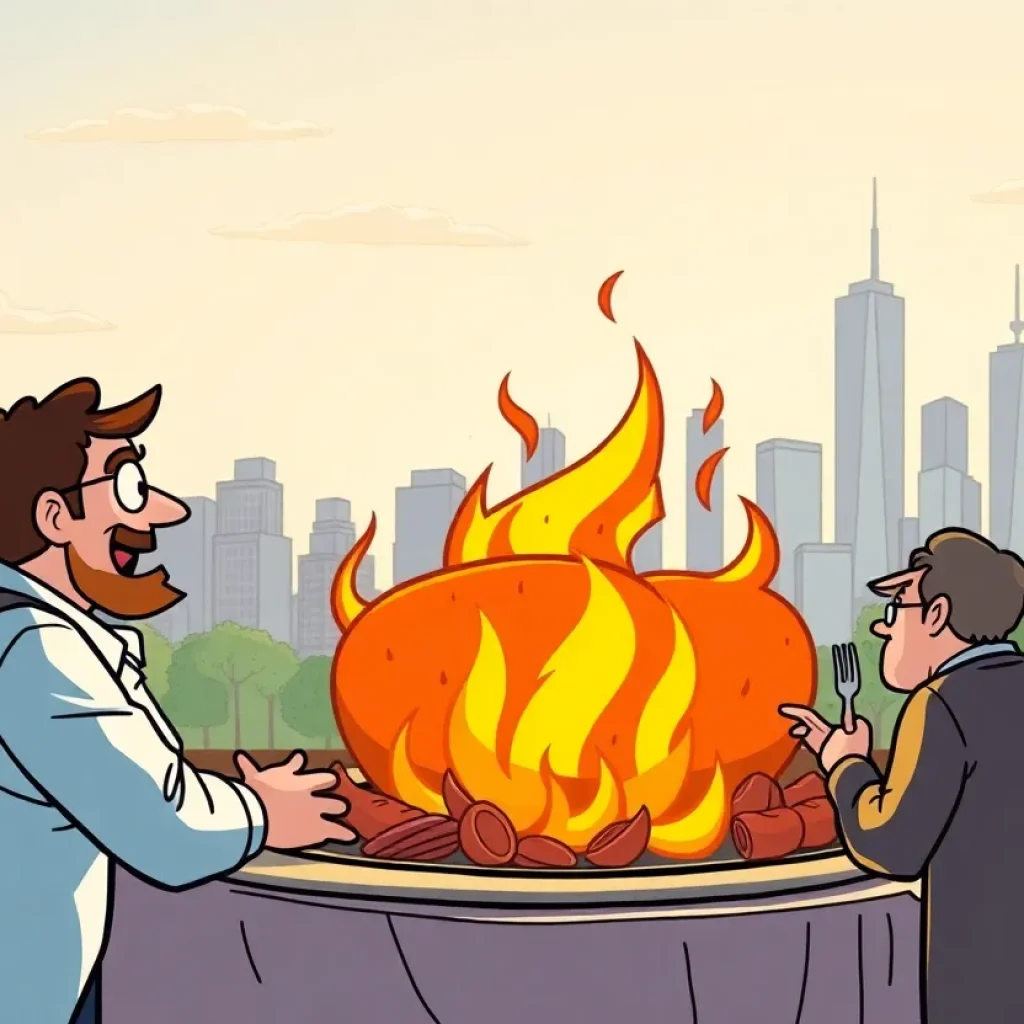 Cartoon depiction of a roast event in Chattanooga, showcasing humorous elements of the city.