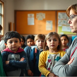 Depiction of a school classroom with students and a teacher discussing serious issues.