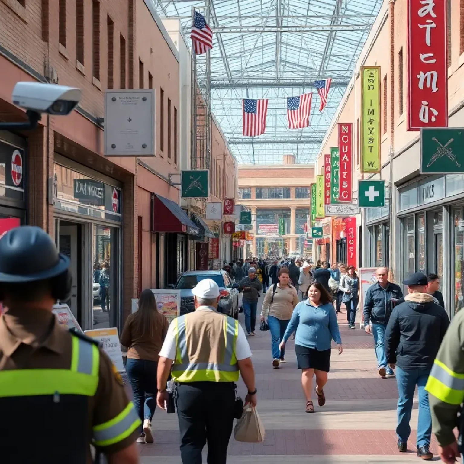 A view of shops in downtown Chattanooga with shoppers and visible security measures.