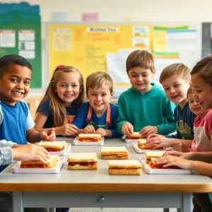 Students at St. Peter's Episcopal School making sandwiches for the community