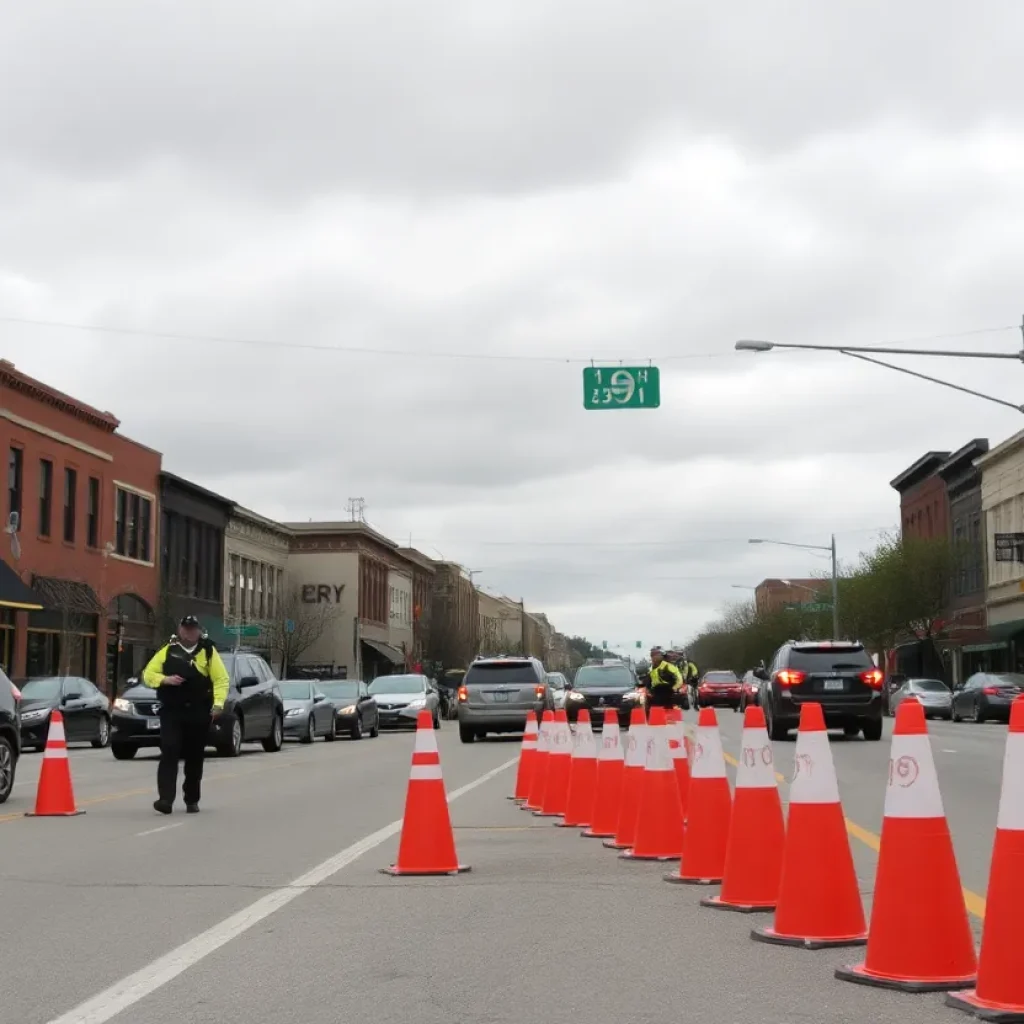 Traffic cones and police managing traffic on Shallowford Road after a water main break in Chattanooga.