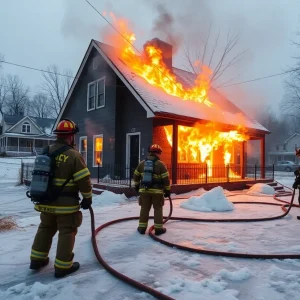 Firefighters extinguishing flames during winter in Chattanooga