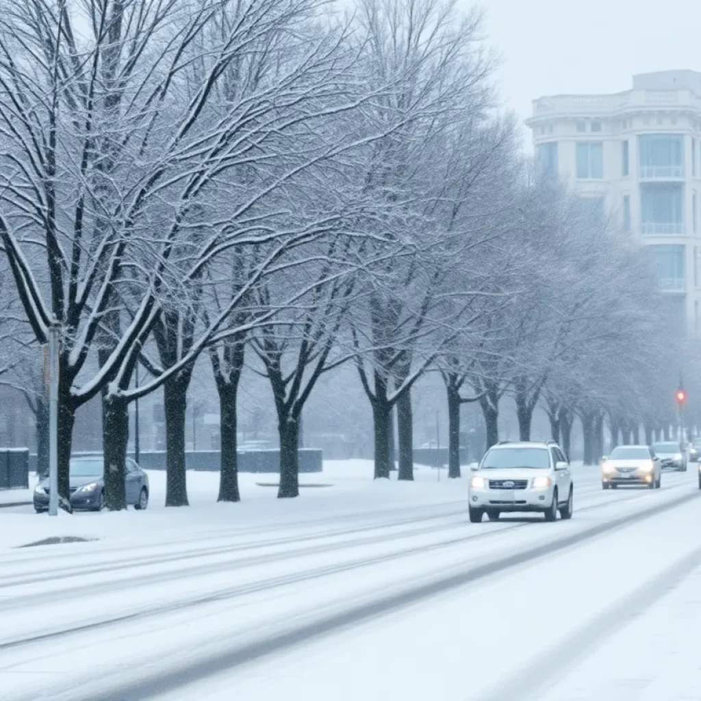 View of Chattanooga during a winter storm with snow accumulation.