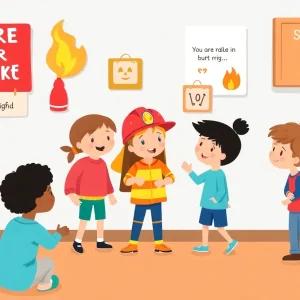 Illustration of children learning about fire safety practices.