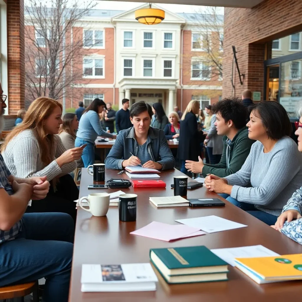 People engaged in discussions about TSU's financial challenges in a coffee shop.