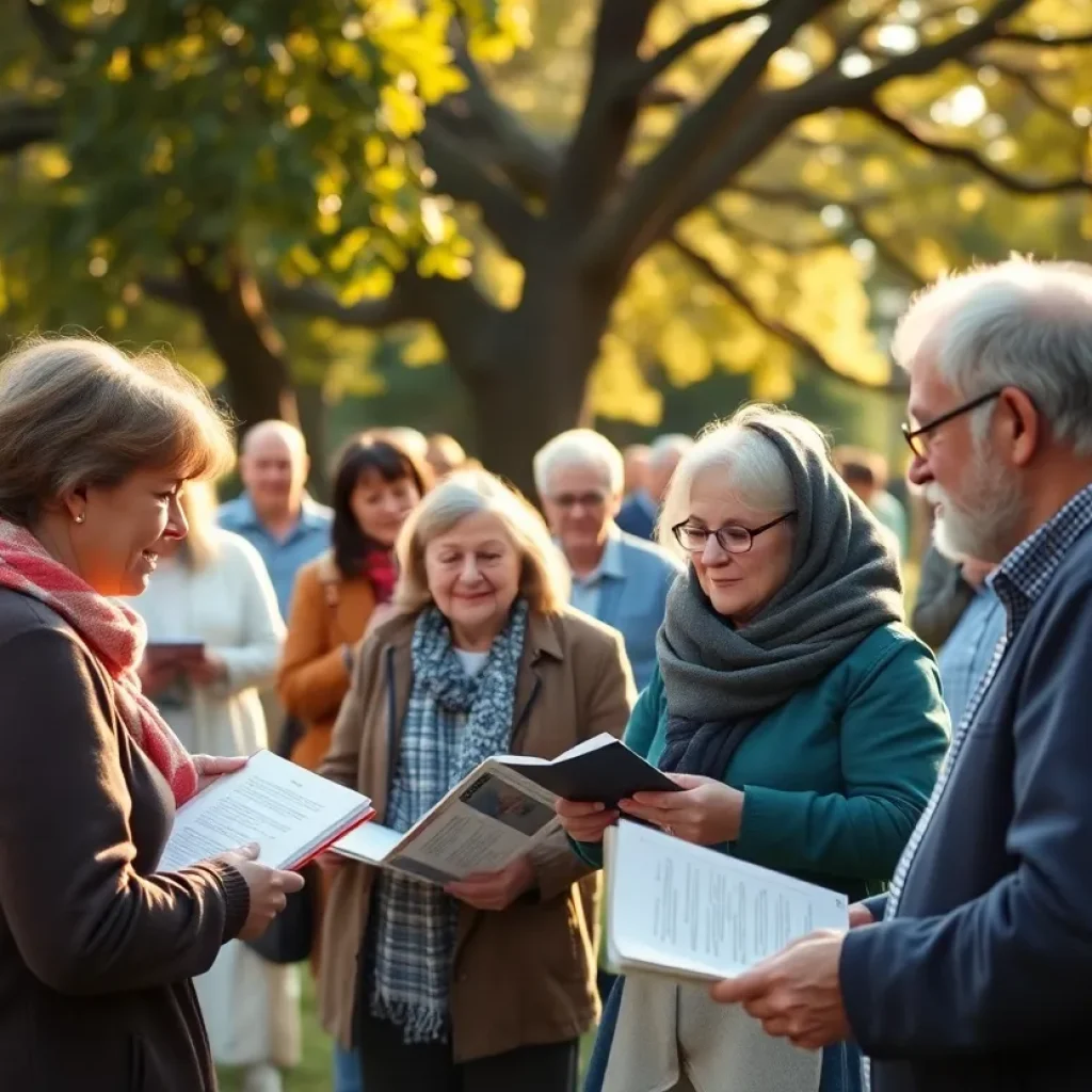 People gathered in a park sharing memories