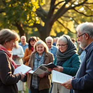 People gathered in a park sharing memories