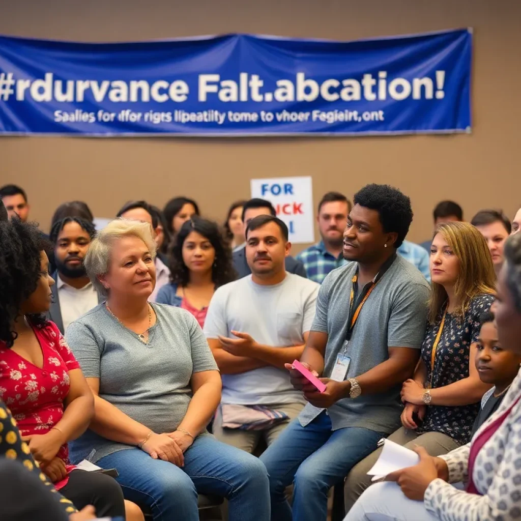 Community members at a town hall discussing hurricane relief and education initiatives