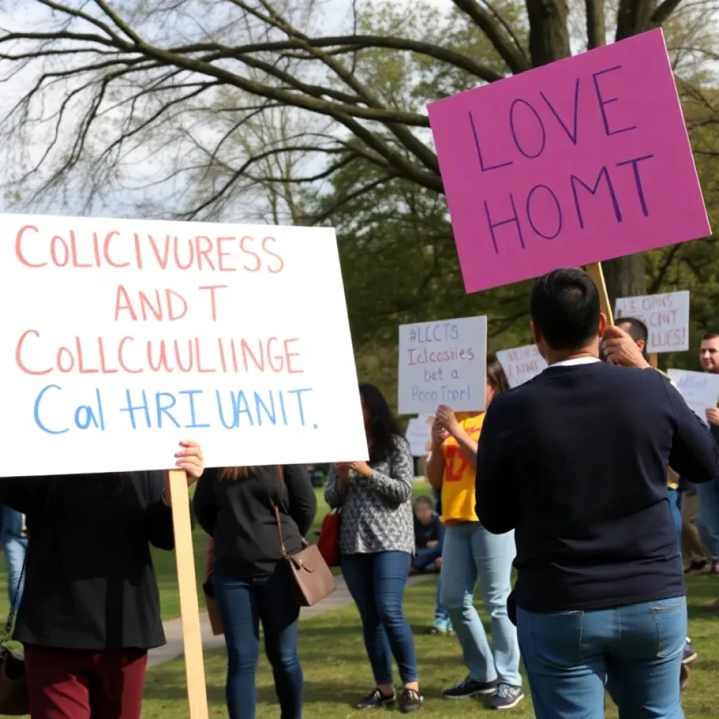 Residents gathered in Highland Park holding signs for inclusiveness.