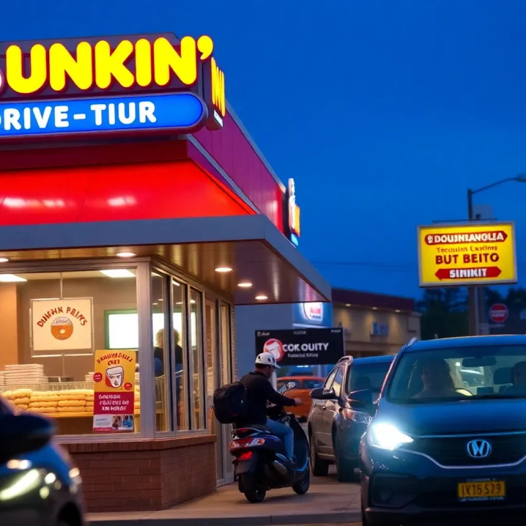 Dunkin' Drive-Thru restaurant in Chattanooga, customers enjoying coffee and doughnuts.