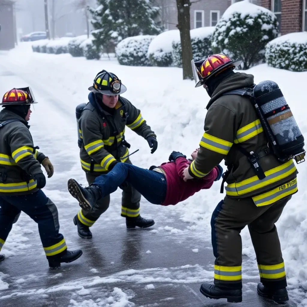 Firefighters rescuing a person on a snowy driveway