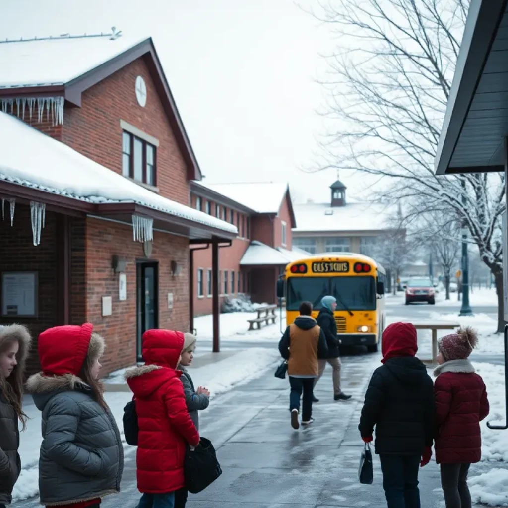 Students waiting in the snow at a bus stop during Hamilton County Schools delay