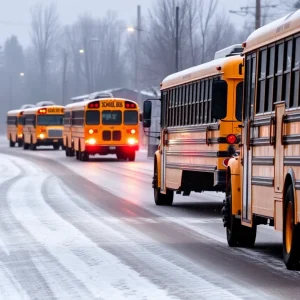 Snowy road scene depicting school closures in Hamilton County