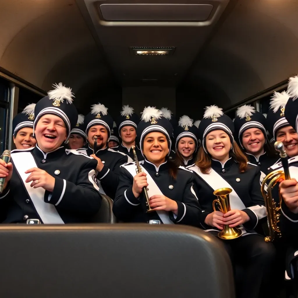 Iowa State Marching Band returning home on a bus after a minor accident.