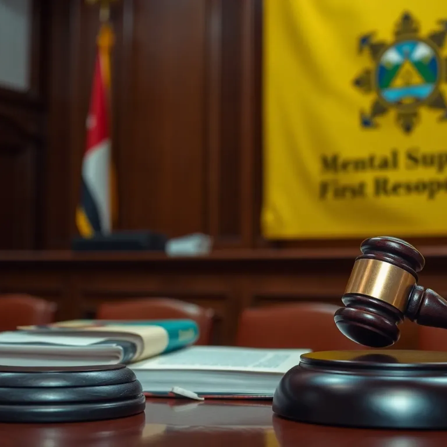 A courtroom scene representing legal proceedings related to PTSD disability claims.