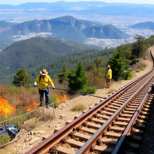 Firefighters combating the Lookout Mountain fire near the Incline Railway.