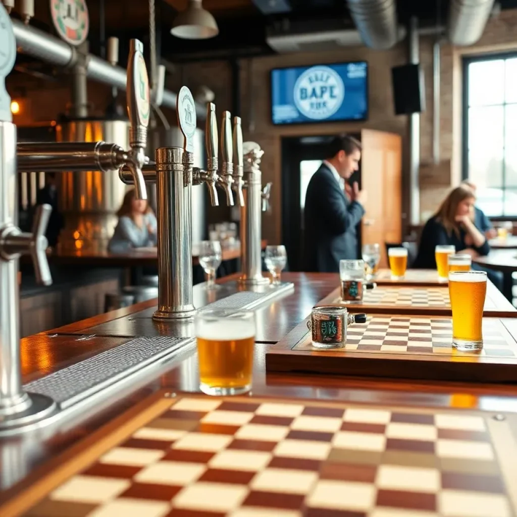 Interior of Mean King Brewing, showcasing craft beers and chess.