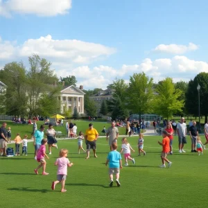 A vibrant scene at Montague Park showcasing families and friends engaged in various outdoor activities.