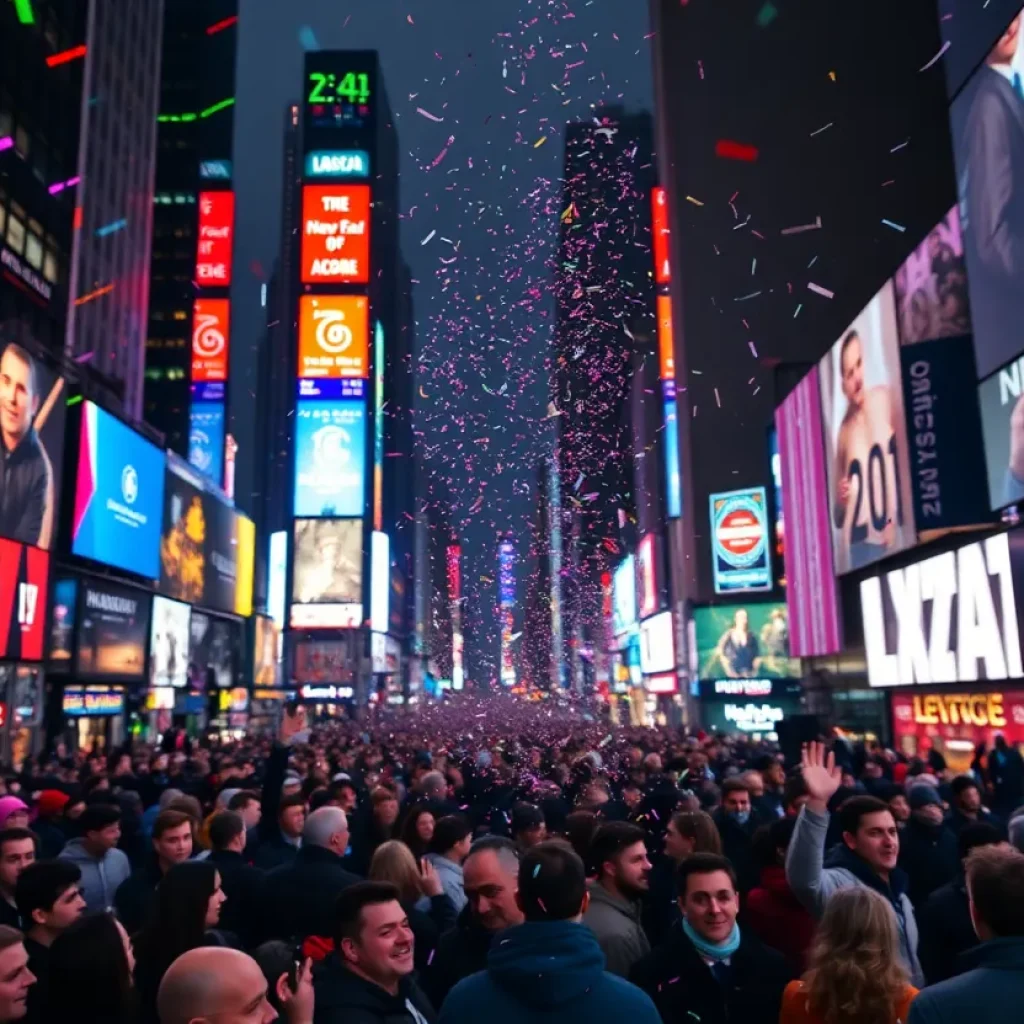 Crowd celebrating New Year’s Eve in Times Square with confetti and colorful lights