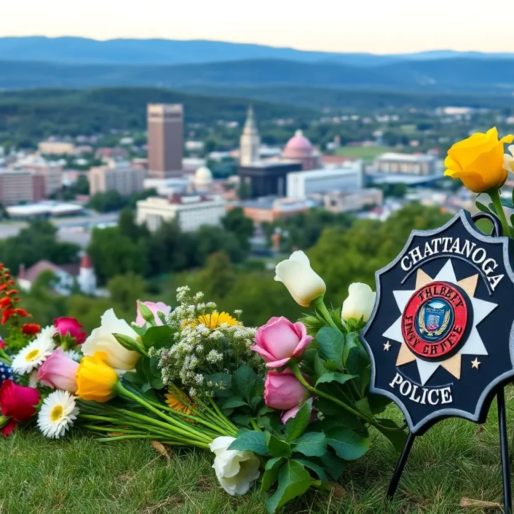 A memorial tribute featuring flowers and a police badge in Chattanooga
