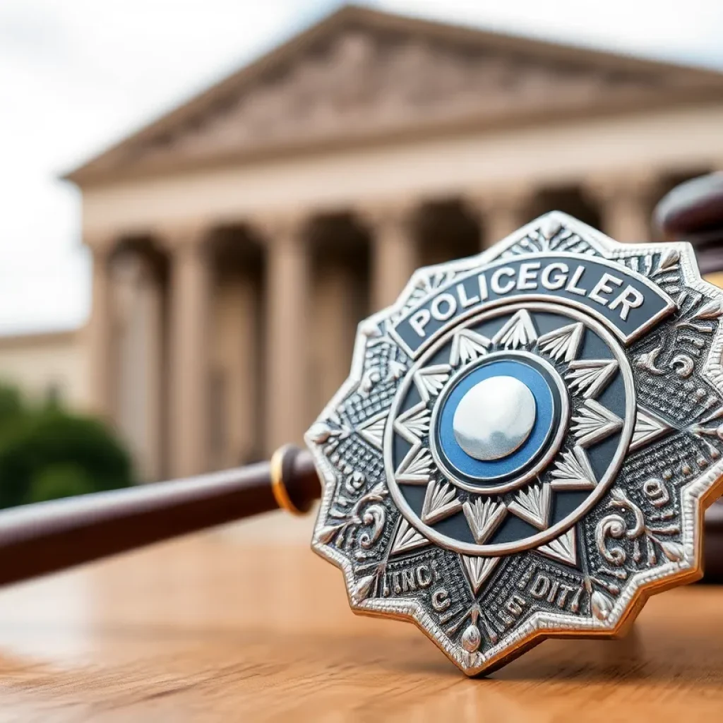 A police badge next to a gavel on a table