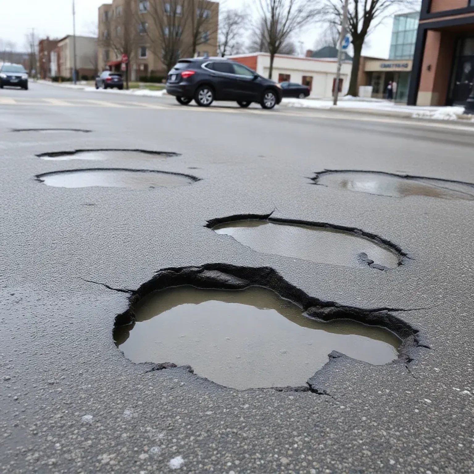 Road with potholes during winter in Chattanooga