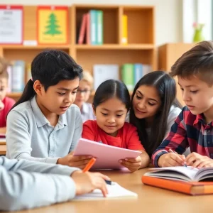 Students in a classroom focused on studying together for academic success