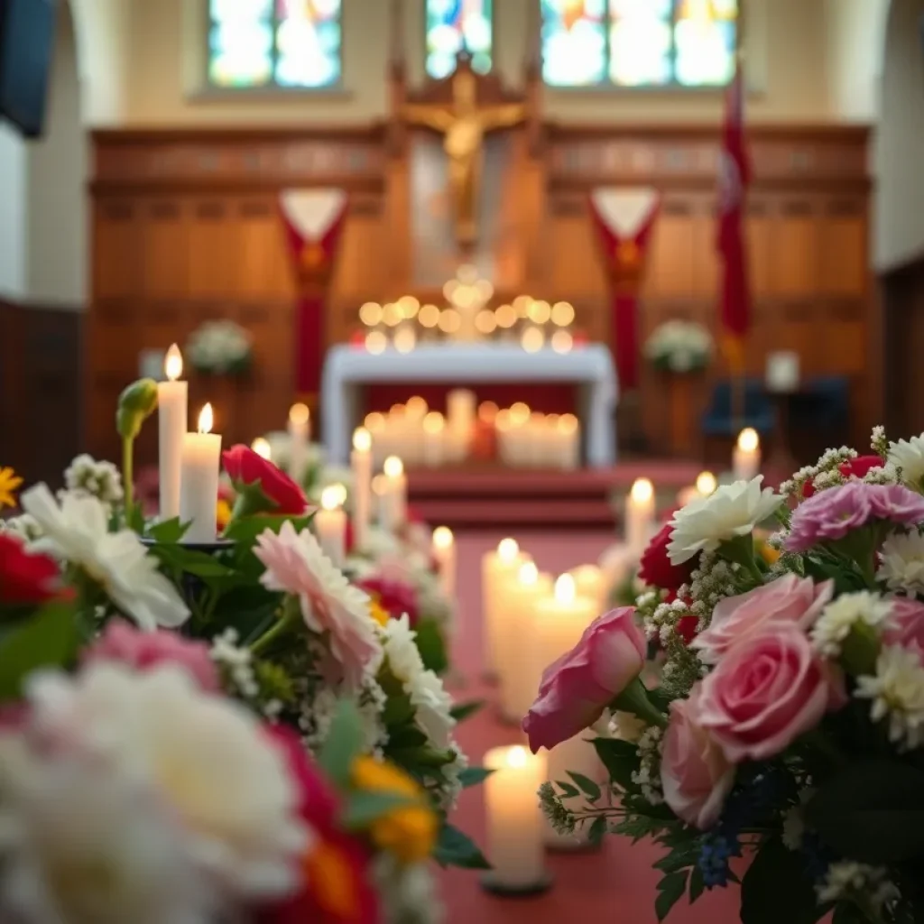 Memorial tribute setup with flowers and candles